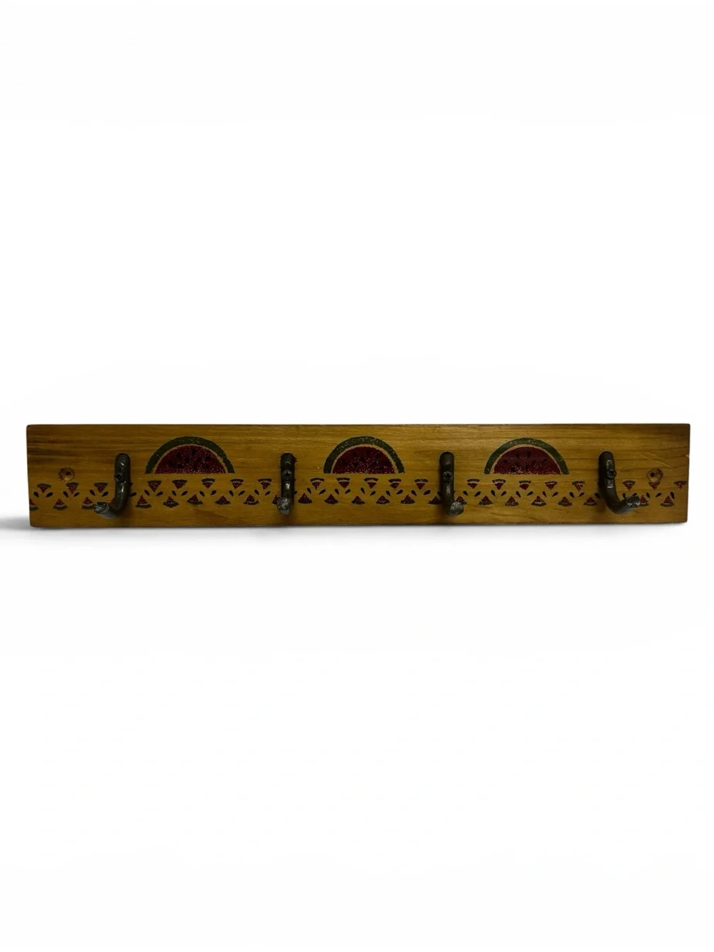Vintage Hand Painted Watermelon Wood Wall Coat Rack 4 Cast Iron Hooks Rustic